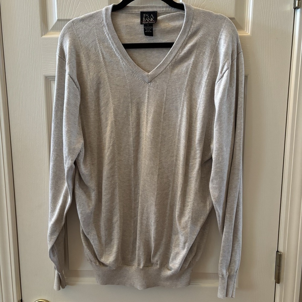 Jos A Bank Lightweight Traveler Collection Sweater Mens L Beige V‎ Neck Pullover